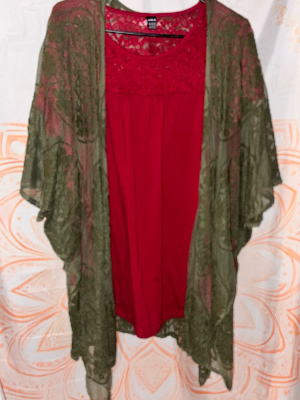 Maurices Olive Sheer Kimono with Red Lace Tee